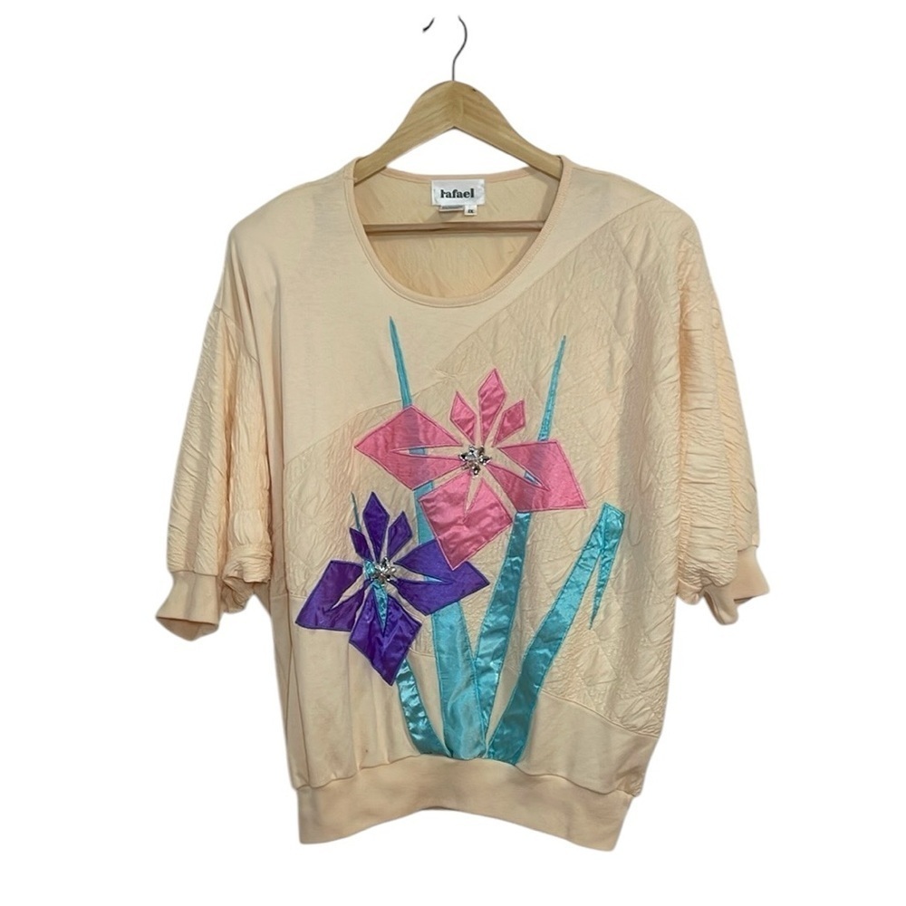 90s Vintage Appliquéd Top, Rafael, peach, purple, pink, satin flowers, 1X